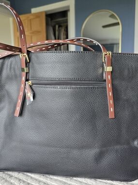 Black Pebbled Tote Bag with Brown Contrast Straps